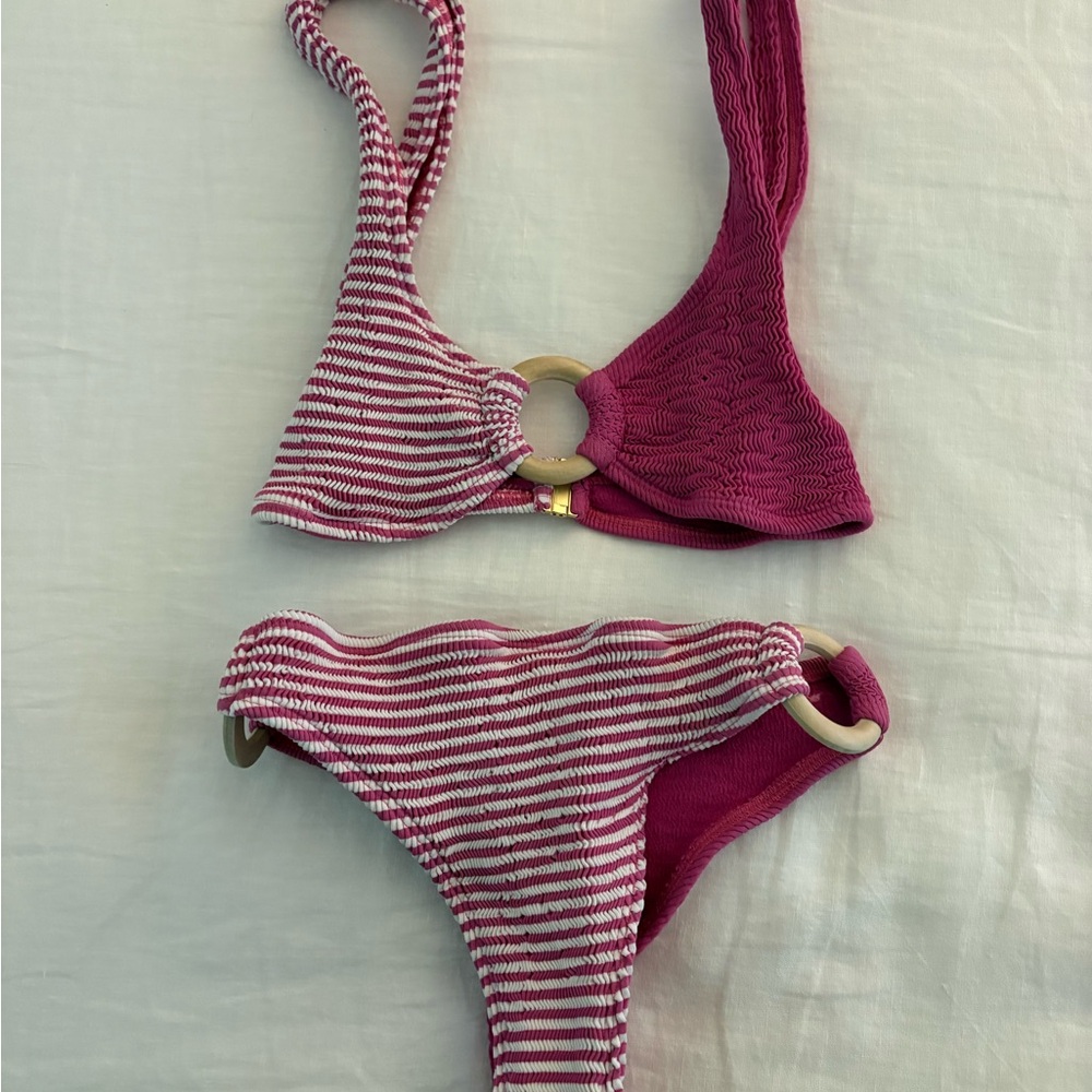 CLEONIE Pink Stripe Ring-Detail Bikini Set